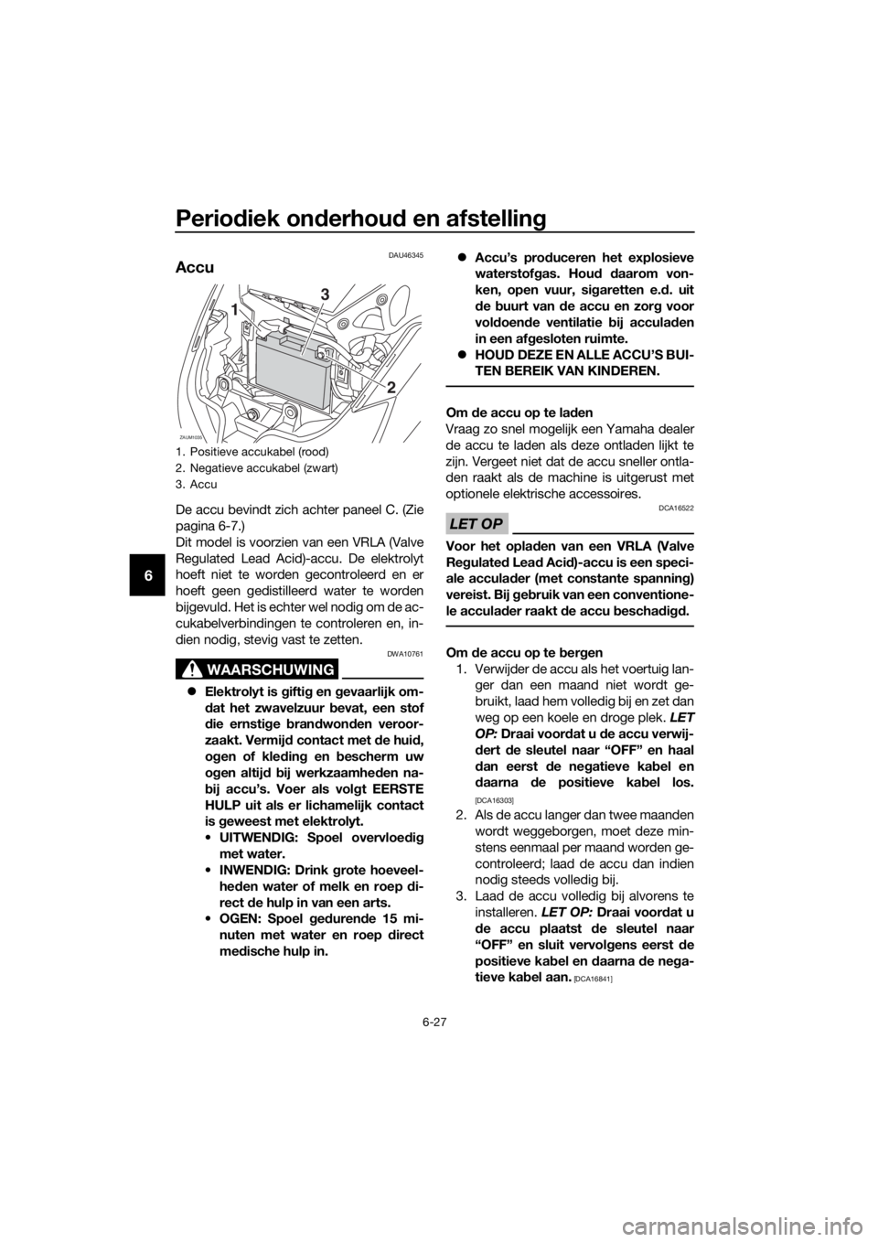 YAMAHA XMAX 125 2017  Instructieboekje (in Dutch) Periodiek onderhoud en afstelling
6-27
6
DAU46345
Accu
De accu bevindt zich achter paneel C. (Zie
pagina 6-7.)
Dit model is voorzien van een VRLA (Valve
Regulated Lead Acid)-accu. De elektrolyt
hoeft 