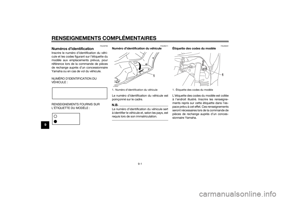 YAMAHA XMAX 125 2014  Notices Demploi (in French) RENSEIGNEMENTS COMPLÉMENTAIRES
9-1
9
FAU40793
Numéros d’identificationInscrire le numéro d’identification du véhi-
cule et les codes figurant sur l’étiquette du
modèle aux emplacements pr