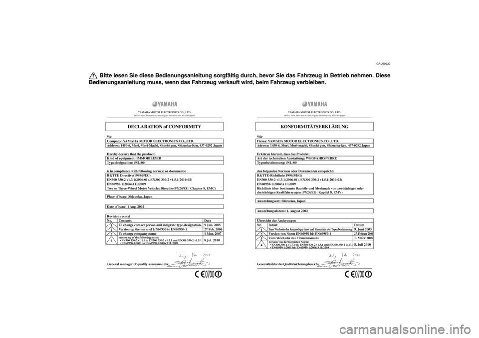 YAMAHA XMAX 125 2013 Betriebsanleitungen (in German) GAU50920
Bitte lesen Sie diese Bedienungsanleitung sorgfältig durch, bevor Sie das Fahrzeug in Betrieb nehmen. Diese
Bedienungsanleitung muss, wenn das Fahrzeug verkauft wird, beim Fahrzeug verbleibe YAMAHA XMAX 125 2013 Betriebsanleitungen (in German) GAU50920
Bitte lesen Sie diese Bedienungsanleitung sorgfältig durch, bevor Sie das Fahrzeug in Betrieb nehmen. Diese
Bedienungsanleitung muss, wenn das Fahrzeug verkauft wird, beim Fahrzeug verbleibe