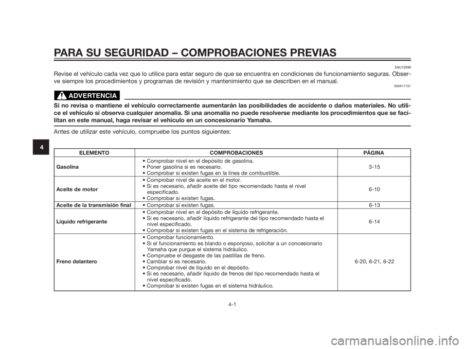 YAMAHA XMAX 125 2012  Manuale de Empleo (in Spanish) PARA SU SEGURIDAD – COMPROBACIONES PREVIAS
4-1
4
SAU15596
Revise el vehículo cada vez que lo utilice para estar seguro de que se encuentra en condiciones de funcionamiento seguras. Obser-
ve siempr