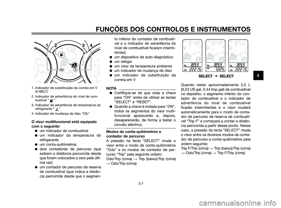 YAMAHA XMAX 125 2012  Manual de utilização (in Portuguese) 1. Indicador de substituição da correia em V
(V-BELT)
2. Indicador de advertência do nível de com-
bustível “ ”
3. Indicador de advertência da temperatura do
refrigerante “ ”
4. Indicado