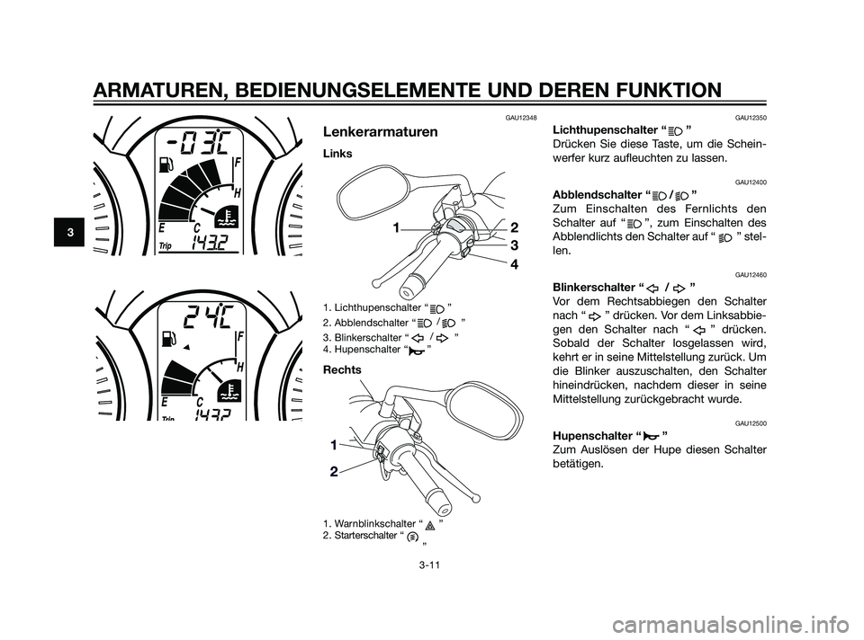 YAMAHA XMAX 125 2011  Betriebsanleitungen (in German) GAU12348
Lenkerarmaturen
Links
1. Lichthupenschalter “ ”
2. Abblendschalter “/
”
3. Blinkerschalter “/
”
4. Hupenschalter “ ”
Rechts
1. Warnblinkschalter “ ”
2. Starterschalter “