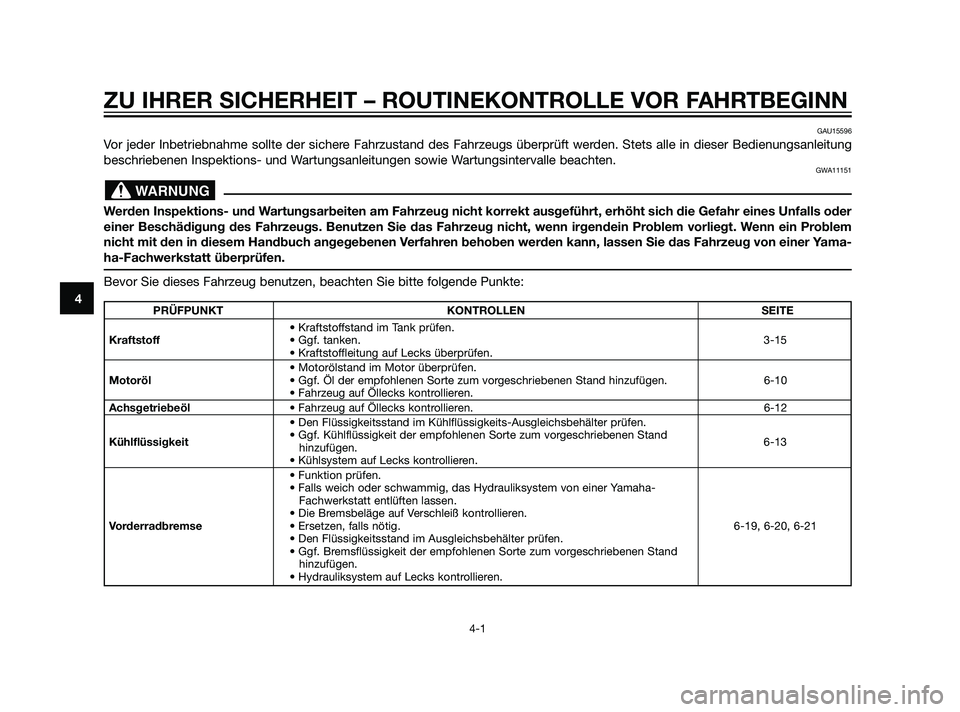 YAMAHA XMAX 125 2011  Betriebsanleitungen (in German) ZU IHRER SICHERHEIT – ROUTINEKONTROLLE VOR FAHRTBEGINN
4-1
4
GAU15596
Vor jeder Inbetriebnahme sollte der sichere Fahrzustand des Fahrzeugs überprüft werden. Stets alle in dieser Bedienungsanleitu