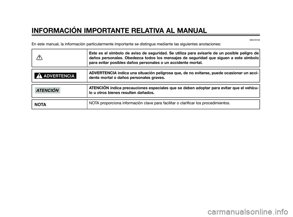 YAMAHA XMAX 125 2011  Manuale de Empleo (in Spanish) SAU10132
En este manual, la información particularmente importante se distingue mediante las siguientes anotaciones:
Este es el símbolo de aviso de seguridad. Se utiliza para avisarle de un posible 