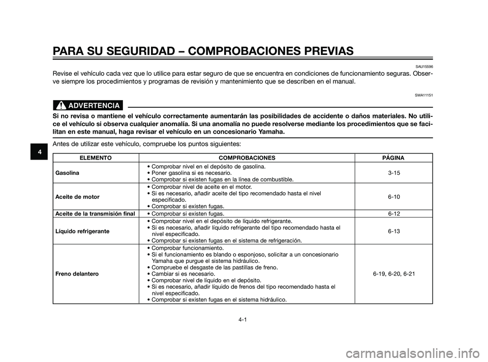 YAMAHA XMAX 125 2011  Manuale de Empleo (in Spanish) PARA SU SEGURIDAD – COMPROBACIONES PREVIAS
4-1
4
SAU15596
Revise el vehículo cada vez que lo utilice para estar seguro de que se encuentra en condiciones de funcionamiento seguras. Obser-
ve siempr