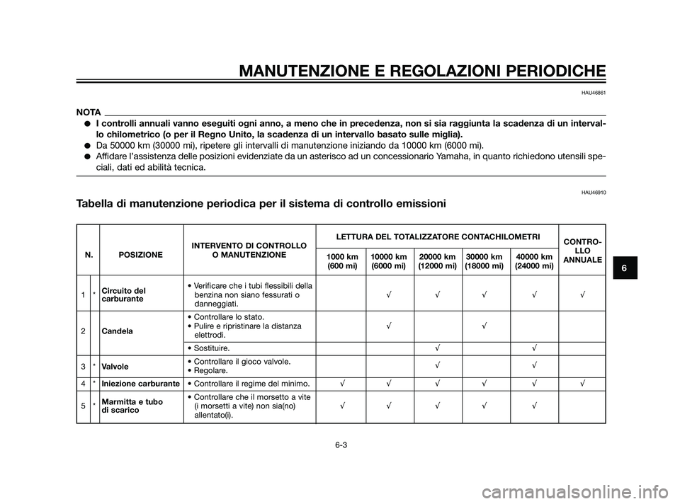 YAMAHA XMAX 125 2011 Manuale duso (in Italian) MANUTENZIONE E REGOLAZIONI PERIODICHE
6-3
6
HAU46861
NOTA
I controlli annuali vanno eseguiti ogni anno, a meno che in precedenza, non si sia raggiunta la scadenza di un interval-
lo chilometrico (o p YAMAHA XMAX 125 2011 Manuale duso (in Italian) MANUTENZIONE E REGOLAZIONI PERIODICHE
6-3
6
HAU46861
NOTA
I controlli annuali vanno eseguiti ogni anno, a meno che in precedenza, non si sia raggiunta la scadenza di un interval-
lo chilometrico (o p