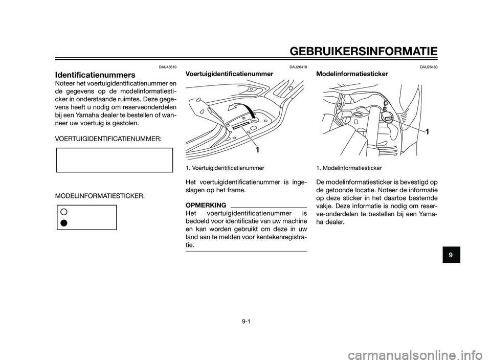 YAMAHA XMAX 125 2011  Instructieboekje (in Dutch) DAU48610
Identificatienummers
Noteer het voertuigidentificatienummer en
de gegevens op de modelinformatiesti-
cker in onderstaande ruimtes. Deze gege-
vens heeft u nodig om reserveonderdelen
bij een Y