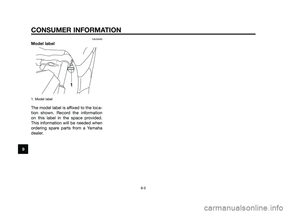 YAMAHA XMAX 125 2010  Owners Manual EAU26460
Model label
1. Model label
The model label is affixed to the loca-
tion shown. Record the information
on this label in the space provided.
This information will be needed when
ordering spare 