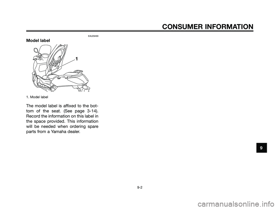 YAMAHA XMAX 125 2009  Owners Manual EAU26490
Model label
1. Model label
The model label is affixed to the bot-
tom of the seat. (See page 3-14).
Record the information on this label in
the space provided. This information
will be needed