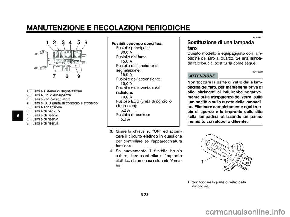 YAMAHA XMAX 125 2009 Manuale duso (in Italian) 1. Fusibile sistema di segnalazione
2. Fusibile luci d’emergenza
3. Fusibile ventola radiatore
4. Fusibile ECU (unità di controllo elettronico)
5. Fusibile accensione
6. Fusibile di backup
7. Fusib YAMAHA XMAX 125 2009 Manuale duso (in Italian) 1. Fusibile sistema di segnalazione
2. Fusibile luci d’emergenza
3. Fusibile ventola radiatore
4. Fusibile ECU (unità di controllo elettronico)
5. Fusibile accensione
6. Fusibile di backup
7. Fusib