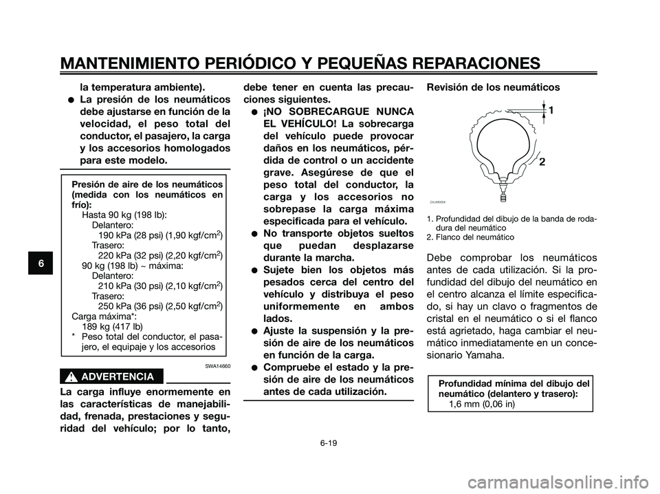 YAMAHA XMAX 125 2008  Manuale de Empleo (in Spanish) la temperatura ambiente).
●La presión de los neumáticos
debe ajustarse en función de la
velocidad, el peso total del
conductor, el pasajero, la carga
y los accesorios homologados
para este modelo
