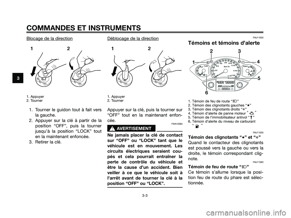 YAMAHA XMAX 125 2008  Notices Demploi (in French) Blocage de la direction
1. Appuyer
2. Tourner
1. Tourner le guidon tout à fait vers
la gauche.
2. Appuyer sur la clé à partir de la
position “OFF”, puis la tourner
jusqu’à la position “LOC