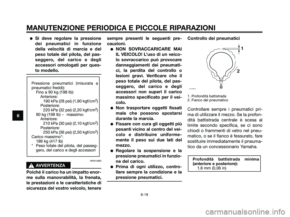 YAMAHA XMAX 125 2008  Manuale duso (in Italian) ●Si deve regolare la pressione
dei pneumatici in funzione
della velocità di marcia e del
peso totale del pilota, del pas-
seggero, del carico e degli
accessori omologati per ques-
to modello.
HWA14