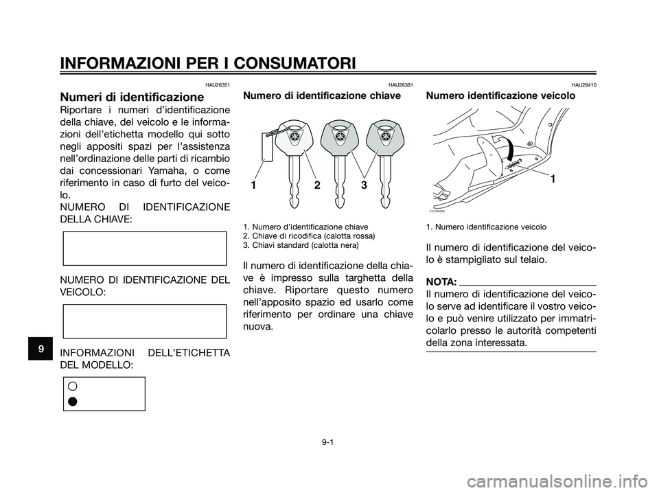 YAMAHA XMAX 125 2008  Manuale duso (in Italian) HAU26351
Numeri di identificazione
Riportare i numeri d’identificazione
della chiave, del veicolo e le informa-
zioni dell’etichetta modello qui sotto
negli appositi spazi per l’assistenza
nell