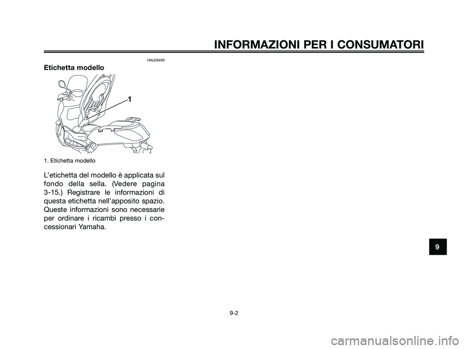 YAMAHA XMAX 125 2008  Manuale duso (in Italian) HAU26490
Etichetta modello
1. Etichetta modello
L’etichetta del modello è applicata sul
fondo della sella. (Vedere pagina 
3-15.) Registrare le informazioni di
questa etichetta nell’apposito spaz