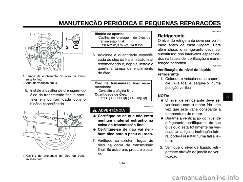 YAMAHA XMAX 125 2008  Manual de utilização (in Portuguese) 1. Tampa de enchimento do óleo da trans-
missão final
2. Anel de vedação em O
5. Instale a cavilha de drenagem do
óleo da transmissão final e aper-
te-a em conformidade com o
binário especifica