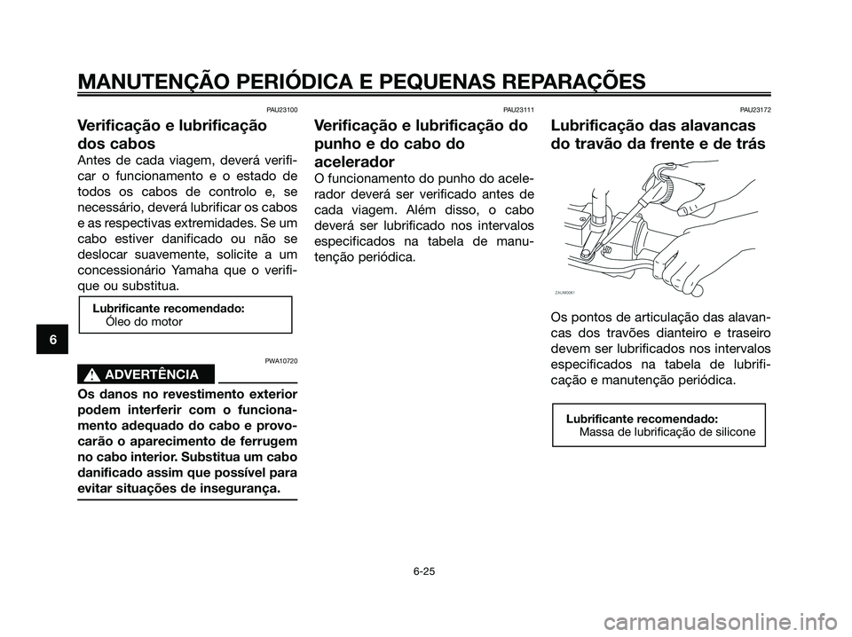 YAMAHA XMAX 125 2008  Manual de utilização (in Portuguese) PAU23100
Verificação e lubrificação
dos cabos
Antes de cada viagem, deverá verifi-
car o funcionamento e o estado de
todos os cabos de controlo e, se
necessário, deverá lubrificar os cabos
e as