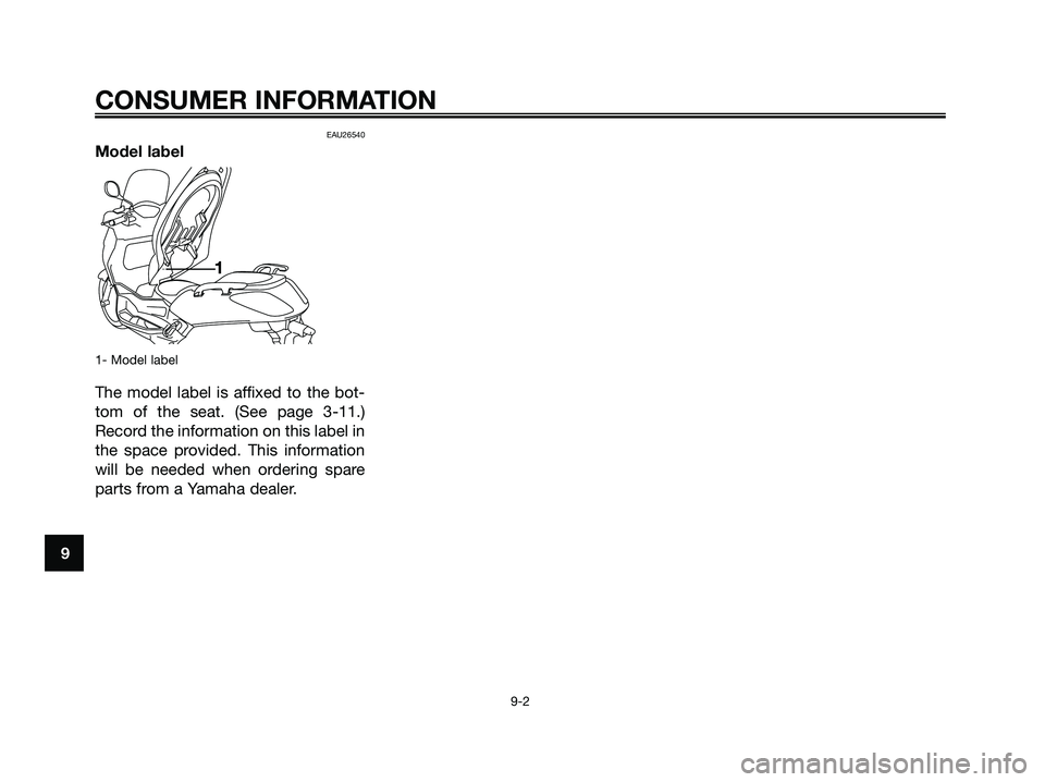 YAMAHA XMAX 125 2007  Owners Manual EAU26540
Model label
1- Model label
The model label is affixed to the bot-
tom of the seat. (See page 3-11.)
Record the information on this label in
the space provided. This information
will be needed