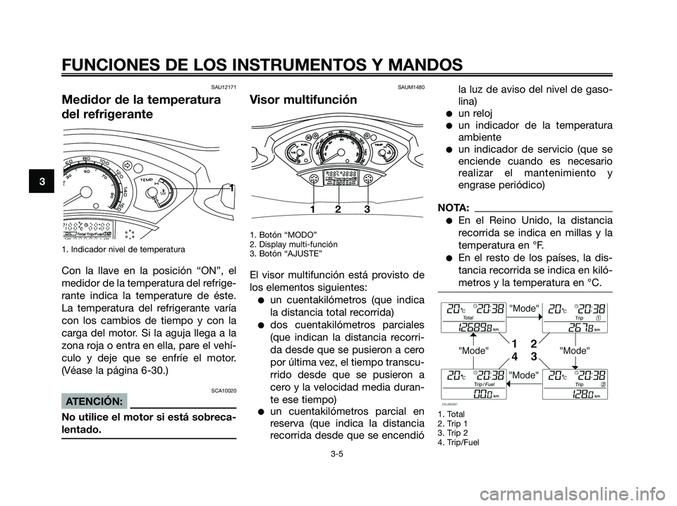 YAMAHA XMAX 125 2006  Manuale de Empleo (in Spanish) SAU12171
Medidor de la temperatura
del refrigerante
1. Indicador nivel de temperatura
Con la llave en la posición “ON”, el
medidor de la temperatura del refrige-
rante indica la temperature de é