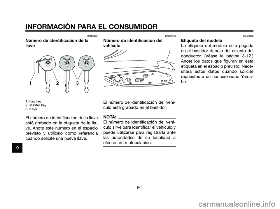 YAMAHA XMAX 125 2006  Manuale de Empleo (in Spanish) SAU26381
Número de identificación de la
llave
1. Key tag
2. Master key
3. Keys
El número de identificación de la llave
está grabado en la etiqueta de la lla-
ve. Anote este número en el espacio
