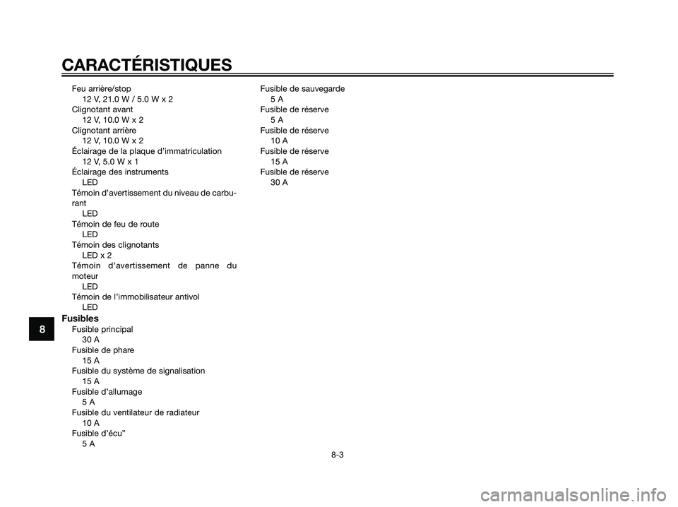 YAMAHA XMAX 125 2006  Notices Demploi (in French) Feu arrière/stop
12 V, 21.0 W / 5.0 W x 2
Clignotant avant
12 V, 10.0 W x 2
Clignotant arrière
12 V, 10.0 W x 2
Éclairage de la plaque d’immatriculation
12 V, 5.0 W x 1
Éclairage des instruments