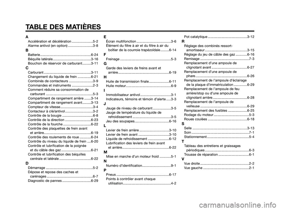 YAMAHA XMAX 125 2006 Notices Demploi (in French) AAccélération et décélération ......................5-2
Alarme antivol (en option) ..........................3-8
BBatterie .....................................................6-24
Béquille lat YAMAHA XMAX 125 2006 Notices Demploi (in French) AAccélération et décélération ......................5-2
Alarme antivol (en option) ..........................3-8
BBatterie .....................................................6-24
Béquille lat