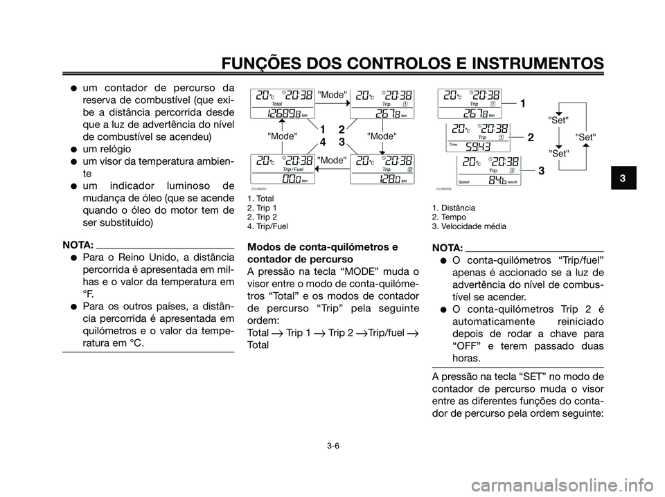 YAMAHA XMAX 125 2006 Manual de utilização (in Portuguese) um contador de percurso da
reserva de combustível (que exi-
be a distância percorrida desde
que a luz de advertência do nível
de combustível se acendeu)
um relógio
um visor da temperatura amb YAMAHA XMAX 125 2006 Manual de utilização (in Portuguese) um contador de percurso da
reserva de combustível (que exi-
be a distância percorrida desde
que a luz de advertência do nível
de combustível se acendeu)
um relógio
um visor da temperatura amb