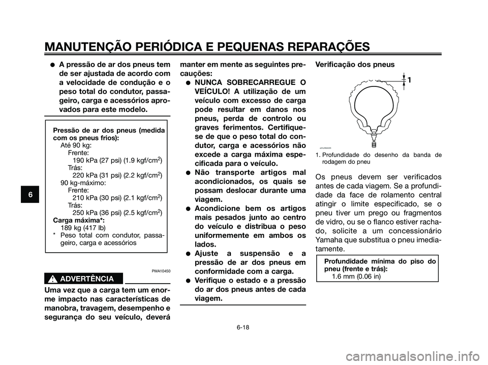 YAMAHA XMAX 125 2006  Manual de utilização (in Portuguese) A pressão de ar dos pneus tem
de ser ajustada de acordo com
a velocidade de condução e o
peso total do condutor, passa-
geiro, carga e acessórios apro-
vados para este modelo.
PWA10450
s s
ADVERT