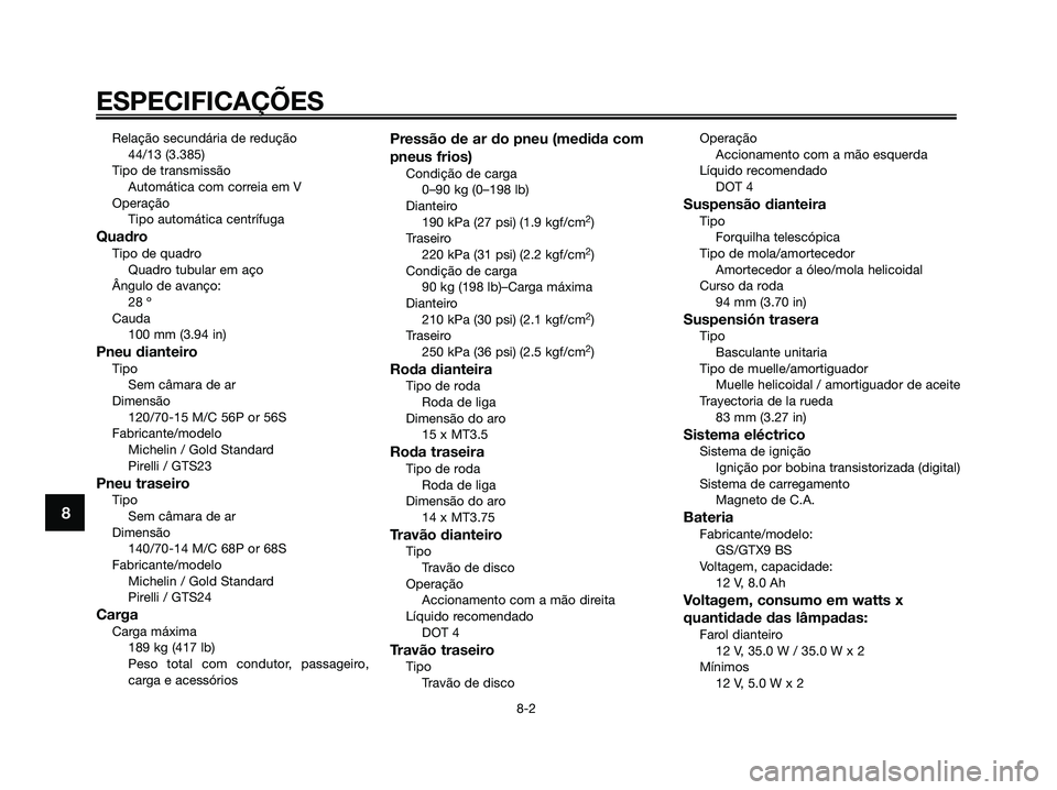 YAMAHA XMAX 125 2006 Manual de utilização (in Portuguese) Relação secundária de redução
44/13 (3.385)
Tipo de transmissão
Automática com correia em V
Operação
Tipo automática centrífuga
QuadroTipo de quadro
Quadro tubular em aço
Ângulo de avanç YAMAHA XMAX 125 2006 Manual de utilização (in Portuguese) Relação secundária de redução
44/13 (3.385)
Tipo de transmissão
Automática com correia em V
Operação
Tipo automática centrífuga
QuadroTipo de quadro
Quadro tubular em aço
Ângulo de avanç