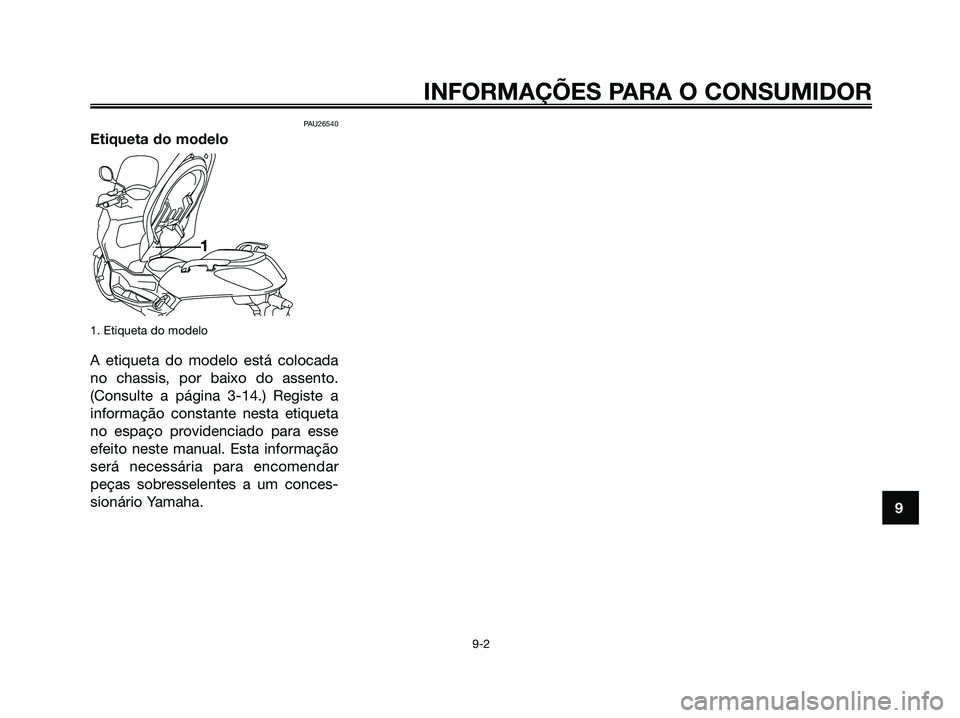YAMAHA XMAX 125 2006  Manual de utilização (in Portuguese) PAU26540
Etiqueta do modelo
1. Etiqueta do modelo
A etiqueta do modelo está colocada
no chassis, por baixo do assento.
(Consulte a página 3-14.) Registe a
informação constante nesta etiqueta
no es