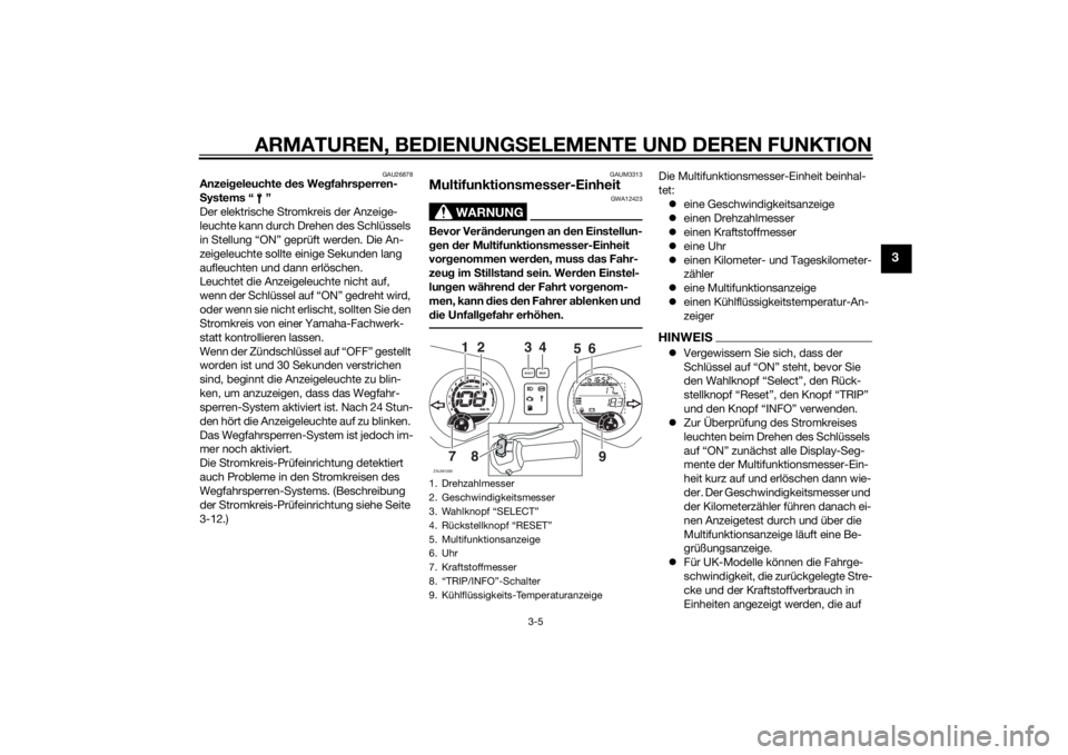 YAMAHA XMAX 250 2014  Betriebsanleitungen (in German) ARMATUREN, BEDIENUNGSELEMENTE UND DEREN FUNKTION
3-5
3
GAU26878
Anzeigeleuchte des Wegfahrsperren-
Systems “ ”
Der elektrische Stromkreis der Anzeige-
leuchte kann durch Drehen des Schlüssels 
in