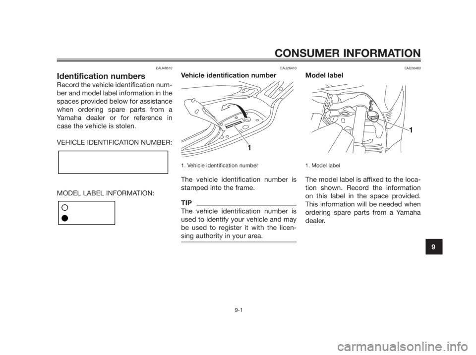 YAMAHA XMAX 250 2013  Owners Manual EAU48610
Identification numbers
Record the vehicle identification num-
ber and model label information in the
spaces provided below for assistance
when ordering spare parts from a
Yamaha dealer or for