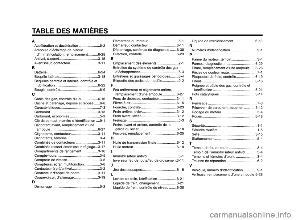 YAMAHA XMAX 250 2010  Notices Demploi (in French) 
AAccélération et décélération ......................5-2
Ampoule d’éclairage de plaqued’immatriculation, remplacement ..........6-28
Antivol, support ........................................