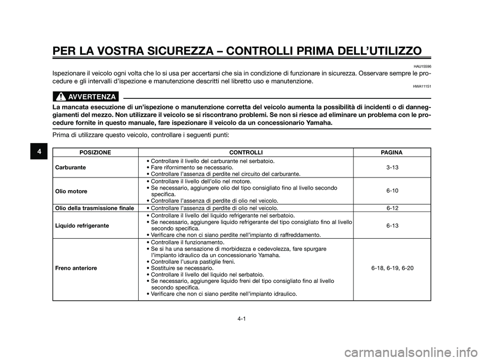 YAMAHA XMAX 250 2010 Manuale duso (in Italian) PER LA VOSTRA SICUREZZA – CONTROLLI PRIMA DELL’UTILIZZO
4-1
4
HAU15596
Ispezionare il veicolo ogni volta che lo si usa per accertarsi che sia in condizio\
ne di funzionare in sicurezza. Osservare YAMAHA XMAX 250 2010 Manuale duso (in Italian) PER LA VOSTRA SICUREZZA – CONTROLLI PRIMA DELL’UTILIZZO
4-1
4
HAU15596
Ispezionare il veicolo ogni volta che lo si usa per accertarsi che sia in condizio\
ne di funzionare in sicurezza. Osservare