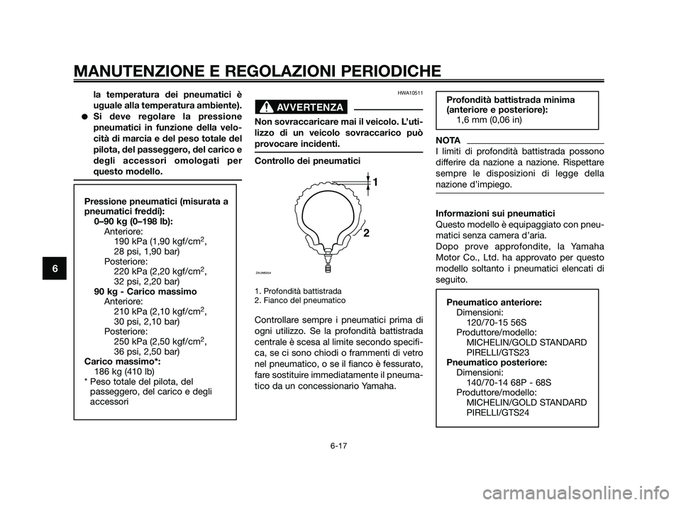 YAMAHA XMAX 250 2010 Manuale duso (in Italian) la temperatura dei pneumatici è
uguale alla temperatura ambiente).
Si deve regolare la pressione
pneumatici in funzione della velo-
cità di marcia e del peso totale del
pilota, del passeggero, del YAMAHA XMAX 250 2010 Manuale duso (in Italian) la temperatura dei pneumatici è
uguale alla temperatura ambiente).
Si deve regolare la pressione
pneumatici in funzione della velo-
cità di marcia e del peso totale del
pilota, del passeggero, del