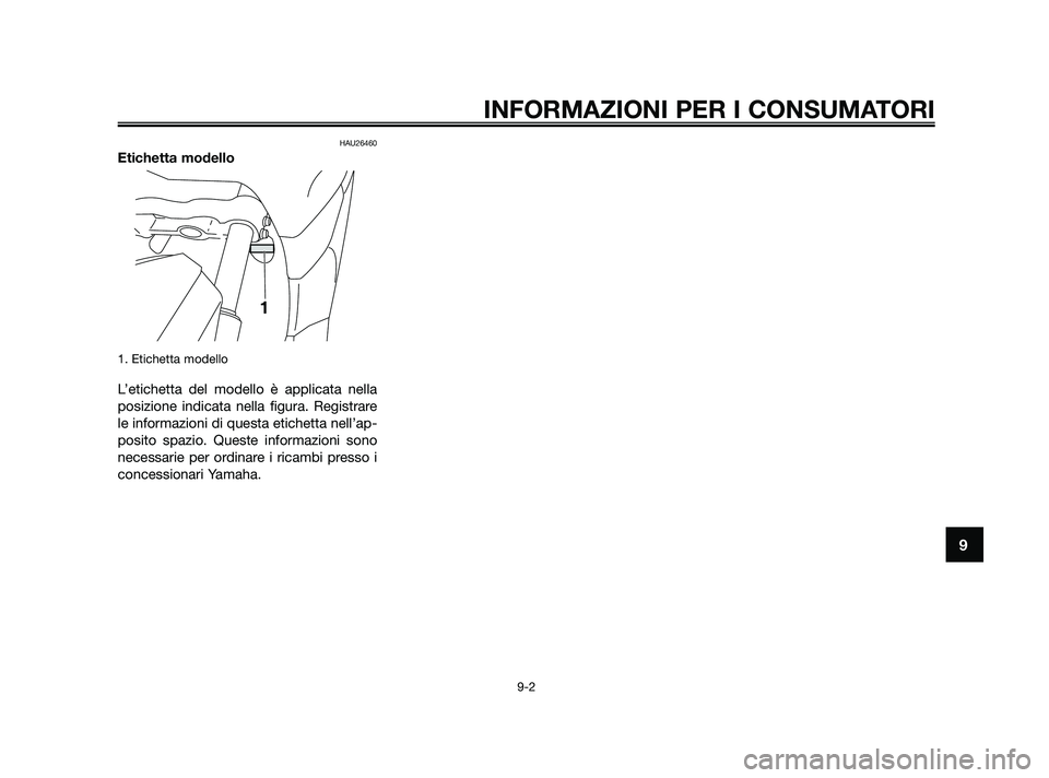 YAMAHA XMAX 250 2010  Manuale duso (in Italian) HAU26460
Etichetta modello
1. Etichetta modello
L’etichetta del modello è applicata nella
posizione indicata nella figura. Registrare
le informazioni di questa etichetta nell’ap-
posito spazio. Q