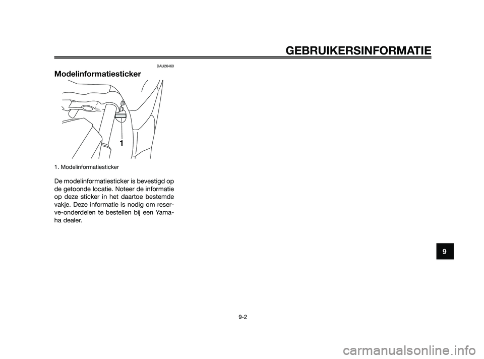 YAMAHA XMAX 250 2010  Instructieboekje (in Dutch) 
DAU26460
Modelinformatiesticker
1. Modelinformatiesticker
De modelinformatiesticker is bevestigd op
de getoonde locatie. Noteer de informatie
op deze sticker in het daartoe bestemde
vakje. Deze infor