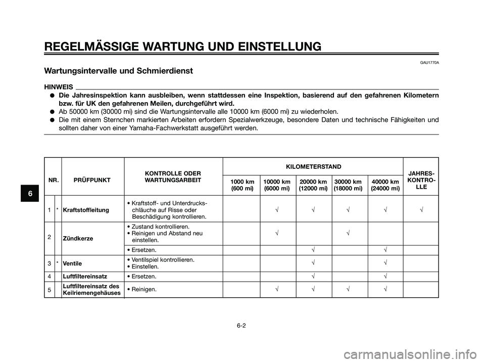 YAMAHA XMAX 250 2009  Betriebsanleitungen (in German) REGELMÄSSIGE WARTUNG UND EINSTELLUNG
6-2
6
GAU1770A
Wartungsintervalle und Schmierdienst
HINWEIS
●Die Jahresinspektion kann ausbleiben, wenn stattdessen eine Inspektion, basierend auf den gefahrene