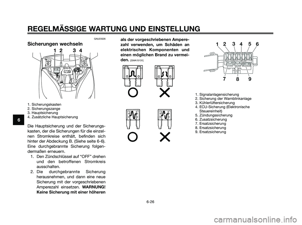 YAMAHA XMAX 250 2009  Betriebsanleitungen (in German) GAU23526
Sicherungen wechseln
1. Sicherungskasten 
2. Sicherungszange
3. Hauptsicherung 
4. Zusätzliche Hauptsicherung
Die Hauptsicherung und der Sicherungs-
kasten, der die Sicherungen für die einz
