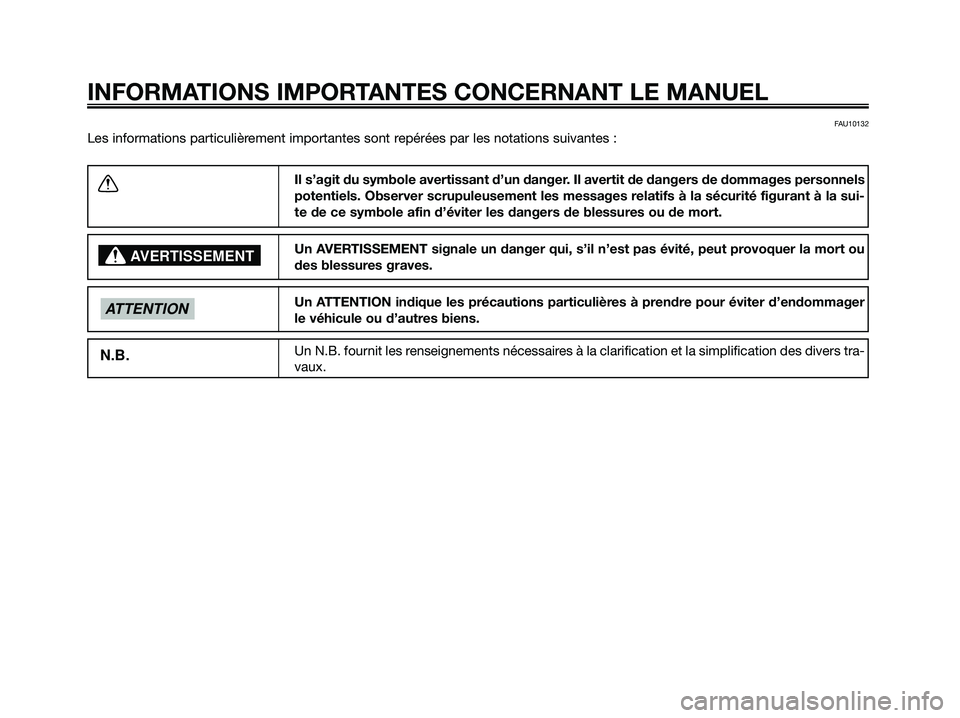 YAMAHA XMAX 250 2009  Notices Demploi (in French) FAU10132
Les informations particulièrement importantes sont repérées par les notations suivantes :
INFORMATIONS IMPORTANTES CONCERNANT LE MANUEL
Il s’agit du symbole avertissant d’un danger. Il
