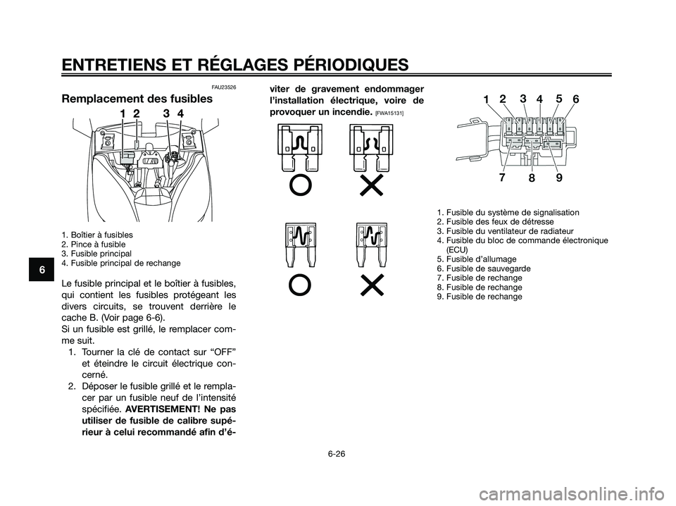 YAMAHA XMAX 250 2009 Notices Demploi (in French) FAU23526
Remplacement des fusibles
1. Boîtier à fusibles
2. Pince à fusible
3. Fusible principal
4. Fusible principal de rechange
Le fusible principal et le boîtier à fusibles,
qui contient les YAMAHA XMAX 250 2009 Notices Demploi (in French) FAU23526
Remplacement des fusibles
1. Boîtier à fusibles
2. Pince à fusible
3. Fusible principal
4. Fusible principal de rechange
Le fusible principal et le boîtier à fusibles,
qui contient les