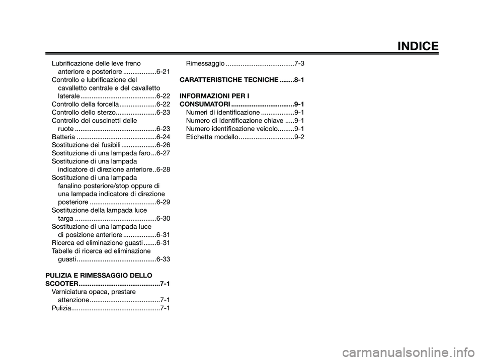 YAMAHA XMAX 250 2009  Manuale duso (in Italian) Lubrificazione delle leve freno 
anteriore e posteriore ..................6-21
Controllo e lubrificazione del 
cavalletto centrale e del cavalletto
laterale .........................................6-