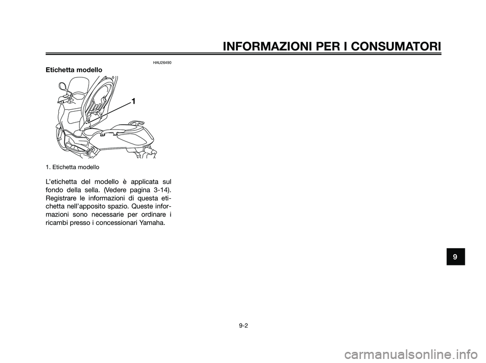 YAMAHA XMAX 250 2009  Manuale duso (in Italian) HAU26490
Etichetta modello
1. Etichetta modello
L’etichetta del modello è applicata sul
fondo della sella. (Vedere pagina 3-14).
Registrare le informazioni di questa eti-
chetta nell’apposito spa