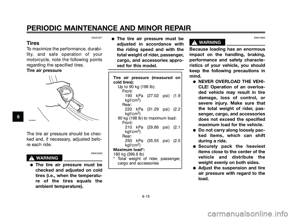 YAMAHA XMAX 250 2007  Owners Manual EAU21871
Tires
To maximize the performance, durabi-
lity, and safe operation of your
motorcycle, note the following points
regarding the specified tires.
Tire air pressure
The tire air pressure should