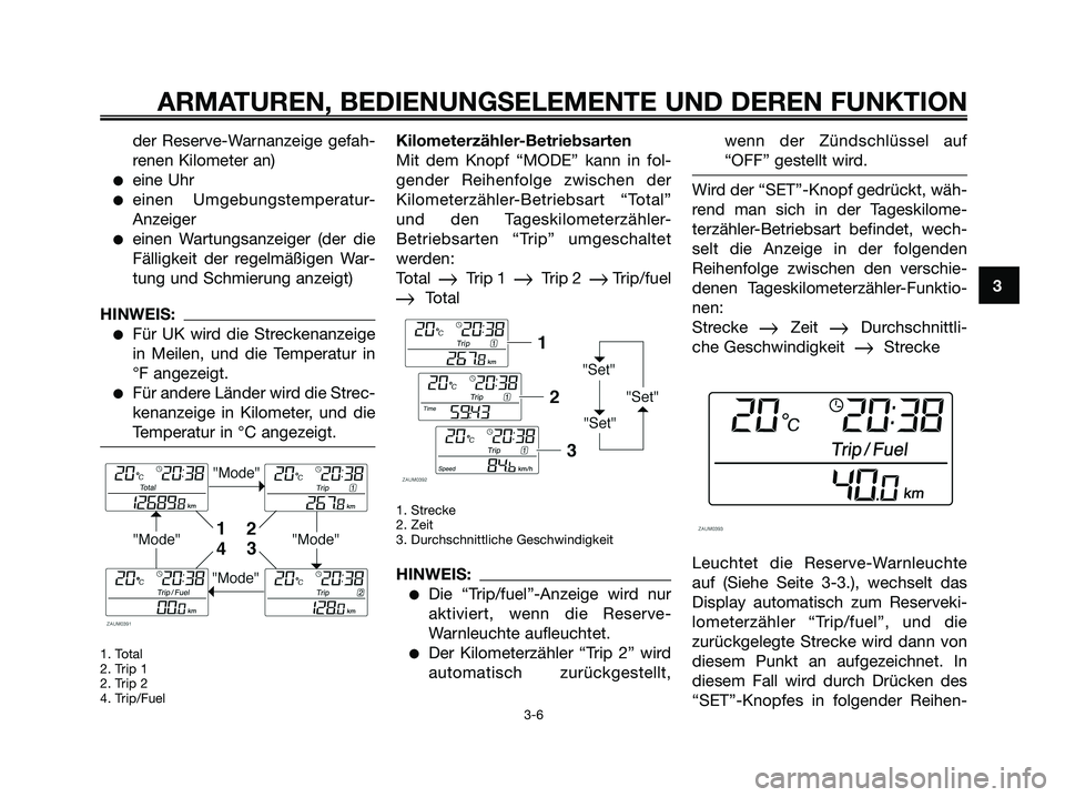 YAMAHA XMAX 250 2006 Betriebsanleitungen (in German) der Reserve-Warnanzeige gefah-
renen Kilometer an)
eine Uhr
einen Umgebungstemperatur-
Anzeiger
einen Wartungsanzeiger (der die
Fälligkeit der regelmäßigen War-
tung und Schmierung anzeigt)
HINW YAMAHA XMAX 250 2006 Betriebsanleitungen (in German) der Reserve-Warnanzeige gefah-
renen Kilometer an)
eine Uhr
einen Umgebungstemperatur-
Anzeiger
einen Wartungsanzeiger (der die
Fälligkeit der regelmäßigen War-
tung und Schmierung anzeigt)
HINW