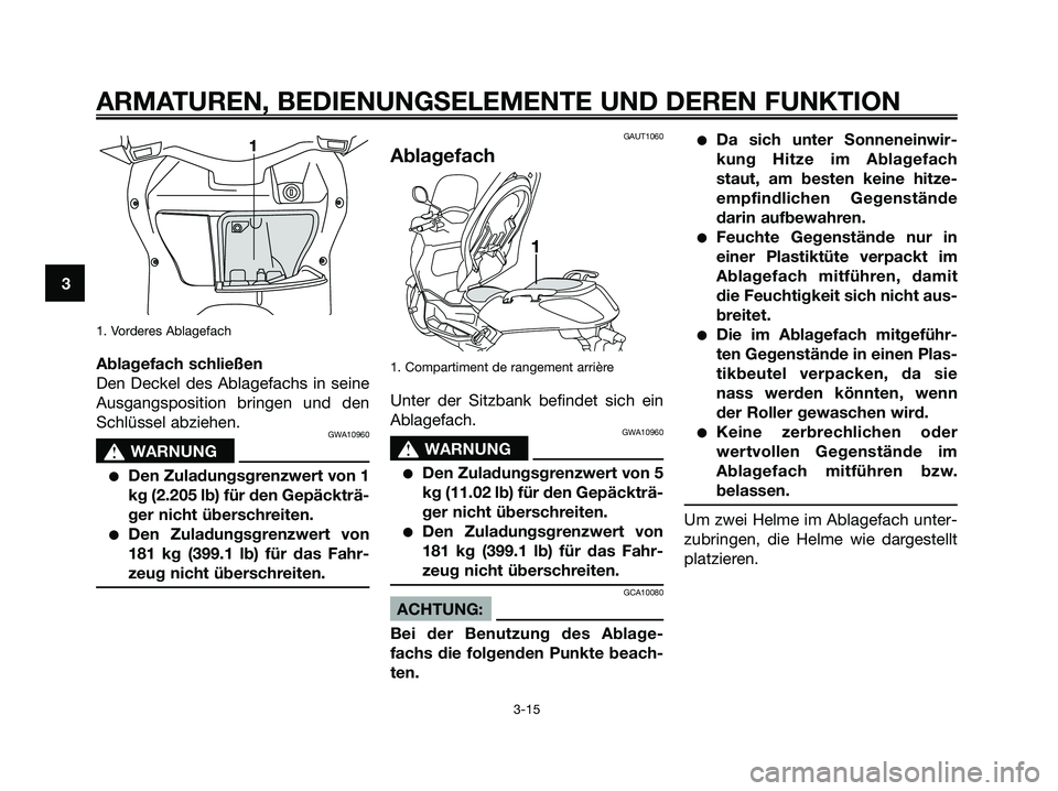YAMAHA XMAX 250 2006  Betriebsanleitungen (in German) 1. Vorderes Ablagefach
Ablagefach schließen
Den Deckel des Ablagefachs in seine
Ausgangsposition bringen und den
Schlüssel abziehen.
GWA10960
s s
WARNUNG
Den Zuladungsgrenzwert von 1
kg (2.205 lb) 