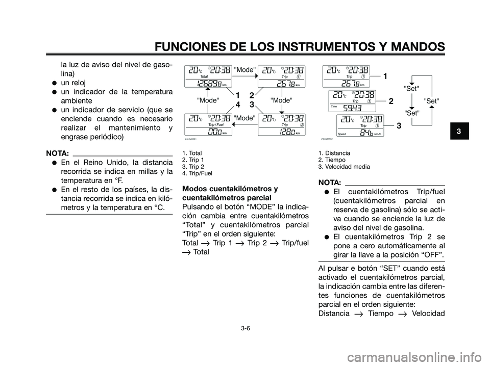 YAMAHA XMAX 250 2006 Manuale de Empleo (in Spanish) la luz de aviso del nivel de gaso-
lina)
un reloj
un indicador de la temperatura
ambiente
un indicador de servicio (que se
enciende cuando es necesario
realizar el mantenimiento y
engrase periódic YAMAHA XMAX 250 2006 Manuale de Empleo (in Spanish) la luz de aviso del nivel de gaso-
lina)
un reloj
un indicador de la temperatura
ambiente
un indicador de servicio (que se
enciende cuando es necesario
realizar el mantenimiento y
engrase periódic