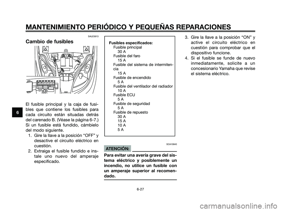 YAMAHA XMAX 250 2006 Manuale de Empleo (in Spanish) SAU23613
Cambio de fusibles
El fusible principal y la caja de fusi-
bles que contiene los fusibles para
cada circuito están situadas detrás
del carenado B. (Véase la página 6-7.)
Si un fusible est YAMAHA XMAX 250 2006 Manuale de Empleo (in Spanish) SAU23613
Cambio de fusibles
El fusible principal y la caja de fusi-
bles que contiene los fusibles para
cada circuito están situadas detrás
del carenado B. (Véase la página 6-7.)
Si un fusible est