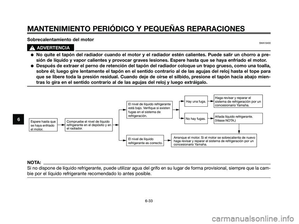 YAMAHA XMAX 250 2006  Manuale de Empleo (in Spanish) Sobrecalentamiento del motorSWA10400
s s
ADVERTENCIA
No quite el tapón del radiador cuando el motor y el radiador estén calientes. Puede salir un chorro a pre-
sión de líquido y vapor calientes y
