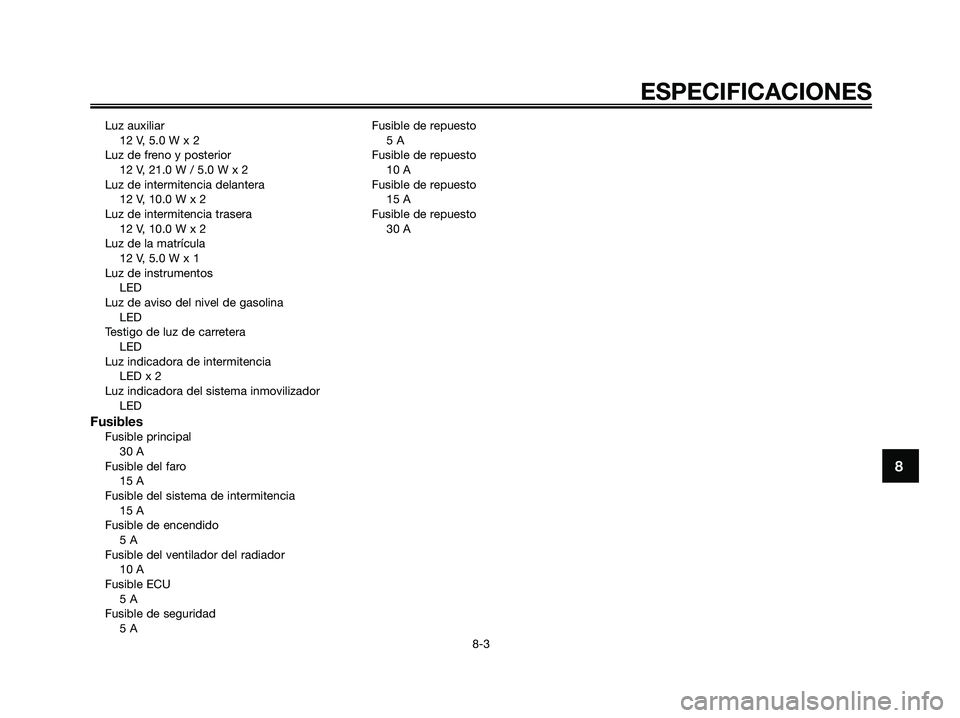 YAMAHA XMAX 250 2006  Manuale de Empleo (in Spanish) Luz auxiliar
12 V, 5.0 W x 2
Luz de freno y posterior
12 V, 21.0 W / 5.0 W x 2
Luz de intermitencia delantera
12 V, 10.0 W x 2
Luz de intermitencia trasera
12 V, 10.0 W x 2
Luz de la matrícula
12 V, 